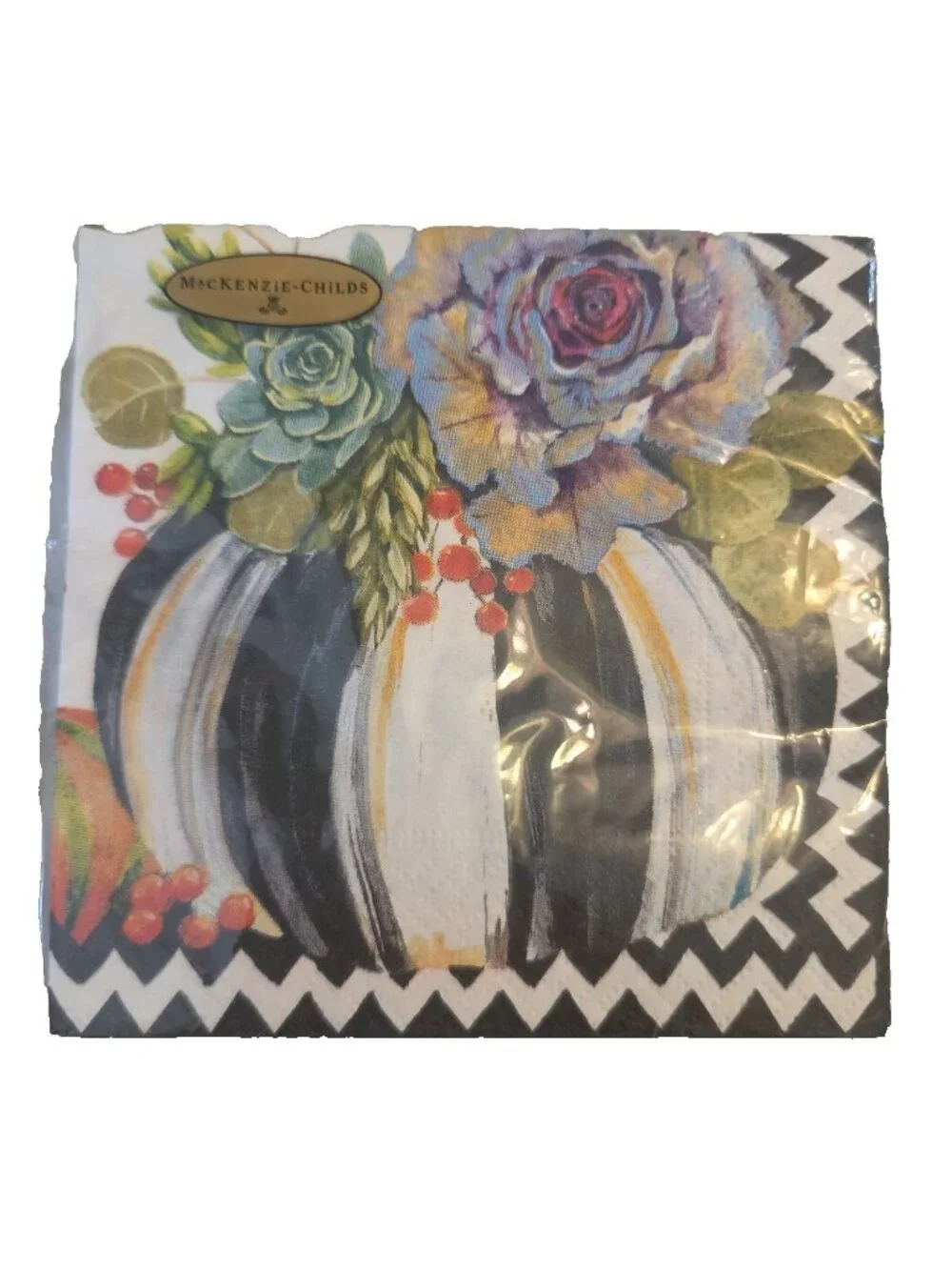 MacKenzie Childs Napkins Pumpkin Autumn Naturals 20 Cocktail Retired NEW